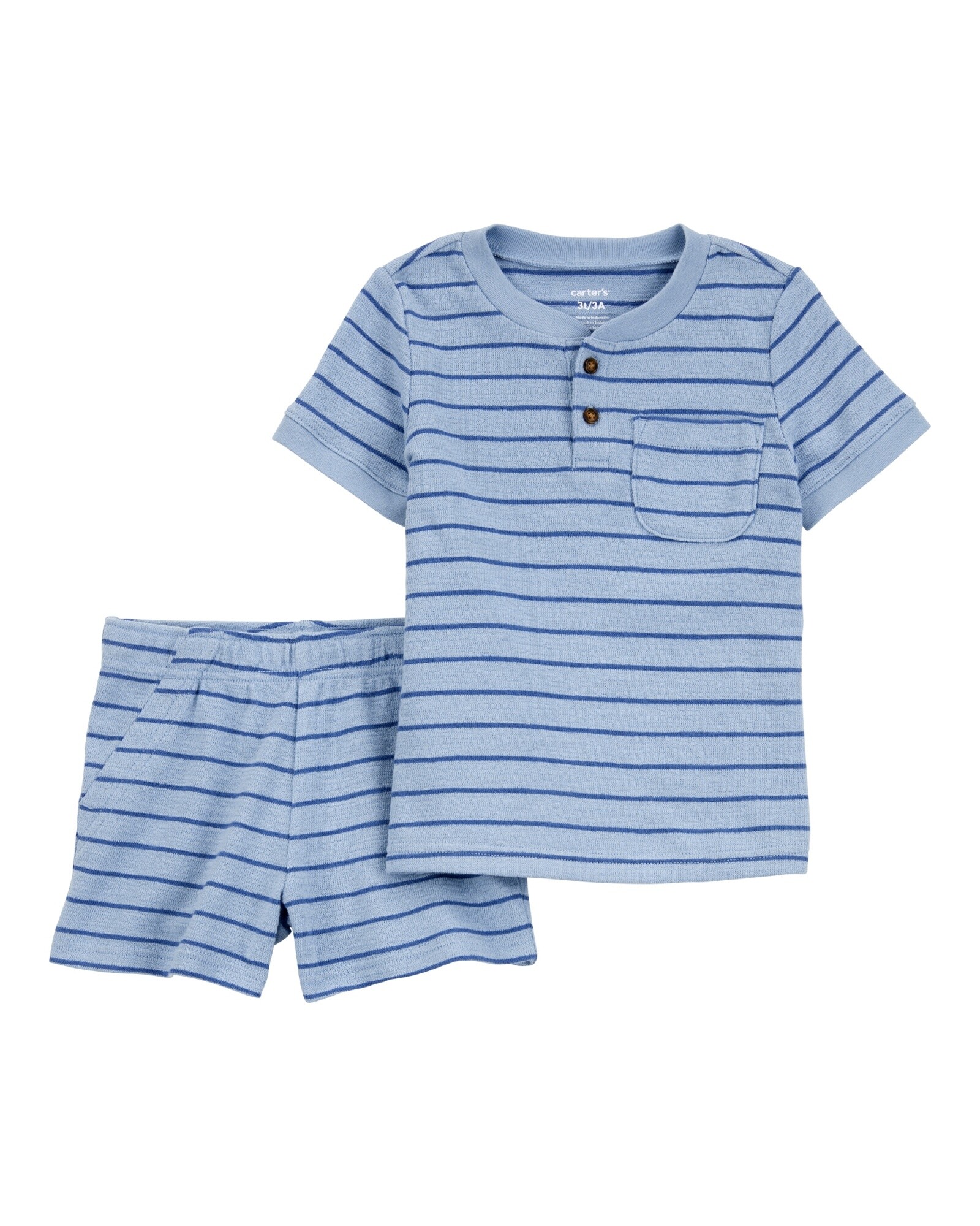 Set dos piezas de algodón, short y remera henley, diseño a rayas Sin color