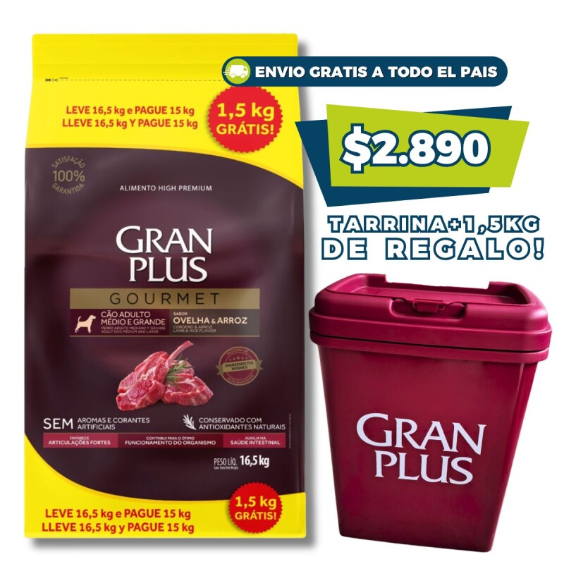 GRAN PLUS GOURMET AD. RAZA MEDIANO GRANDE CORDERO 15 + 1.5 KGS GRAN PLUS GOURMET AD. RAZA MEDIANO GRANDE CORDERO 15 + 1.5 KGS