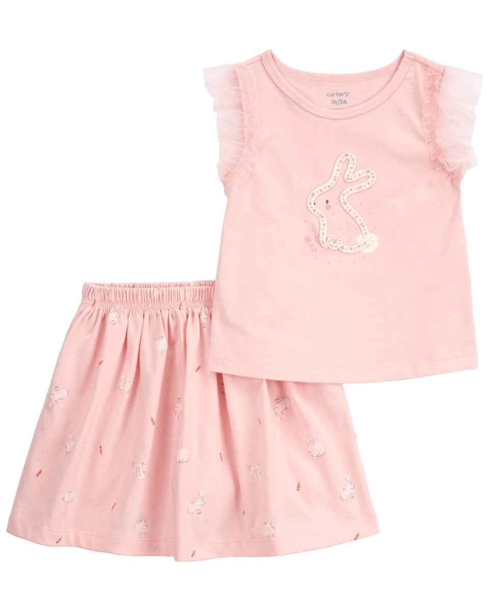 Set dos piezas de algodón, pollera short y blusa diseño conejo 
