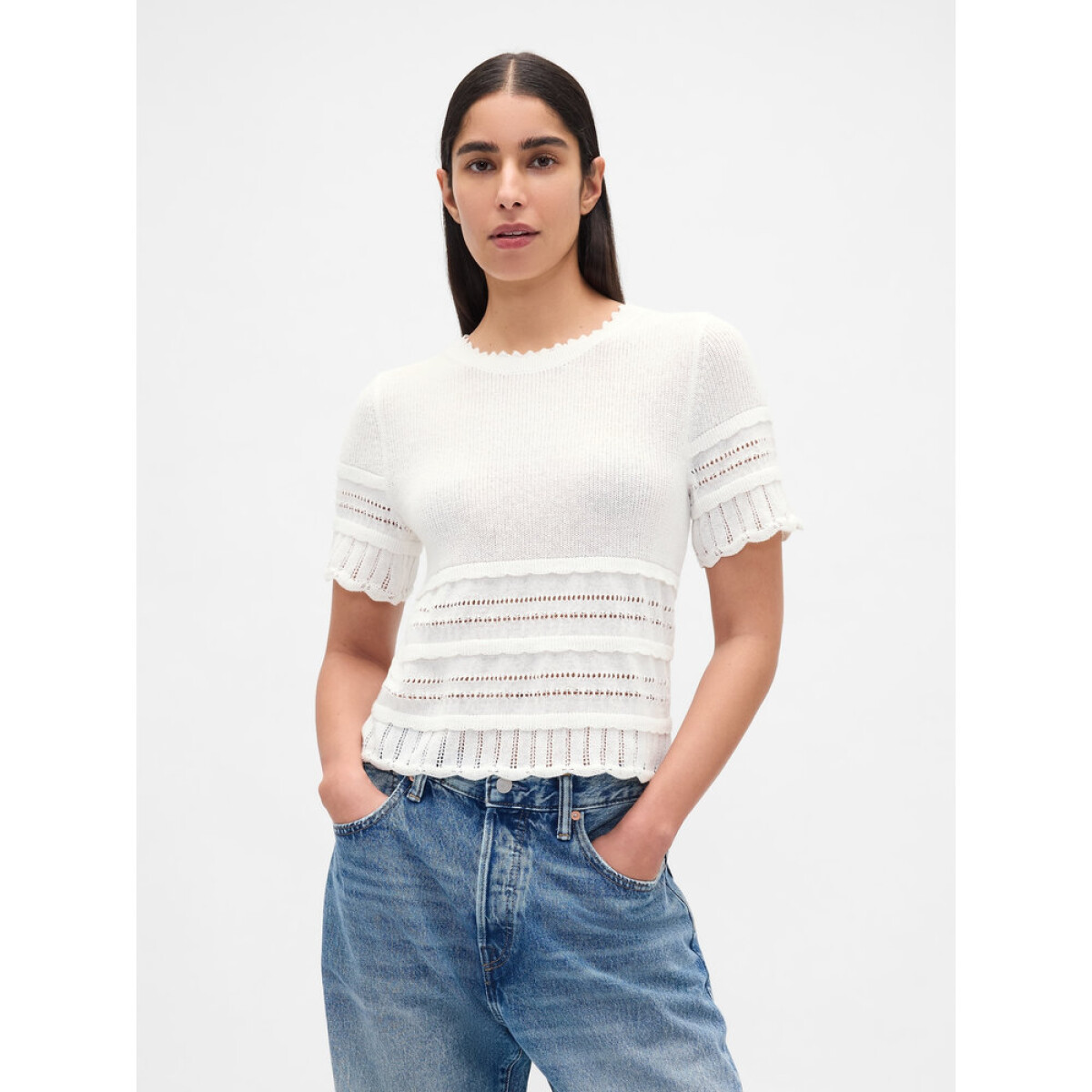SS LINEN POINTELLE TOP - NEW OFF WHITE 