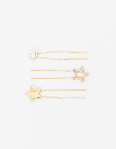 Peinetas y Palitos Metal Set De 3 Palitos Metálicos De Estrella Y Strass. - Dorado
