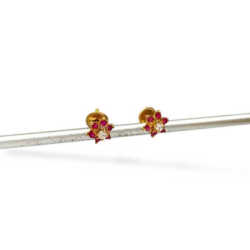 Caravanas Flor de Rubí de oro- Oro bajo - Rubí y zirconia- CA8122 conpiedra