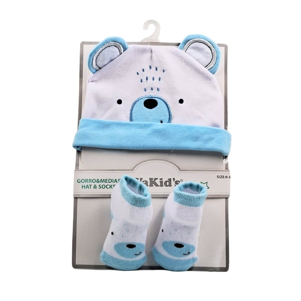 Gorro y botines en algodón para bebé 0-6m - Osito Blanco y azul 