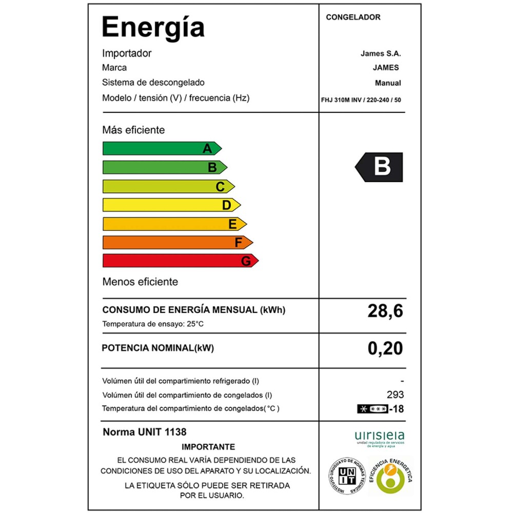 FREEZER JAMES FHJ-310 M INVERTER 293-LITROS BLANCO FRIO HUMEDO