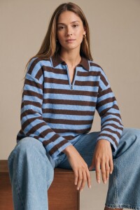 Sweater Polo Medio Cierre Rayado Chocolate