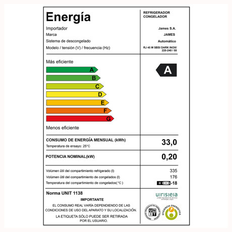 Heladera JAMES RJ45 Inverter 511 Litros Inox