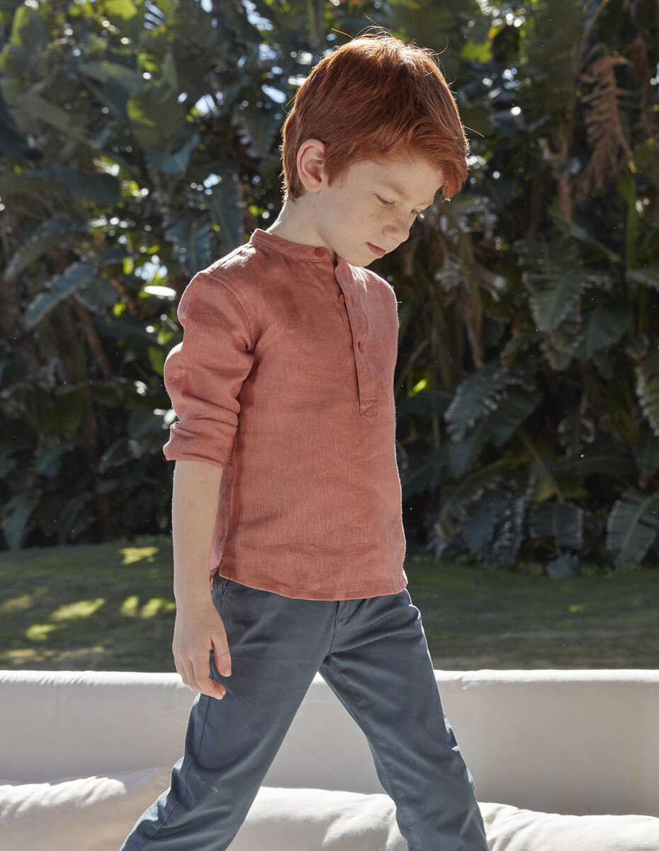 Camisa De Lino Cuello Mao - Coral Claro 