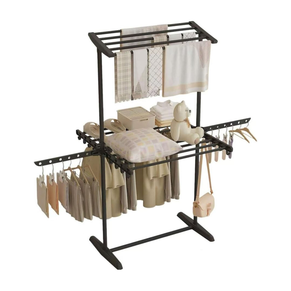 Tender para Ropa Vertical Plegable Con Alas y Ganchos - Negro 