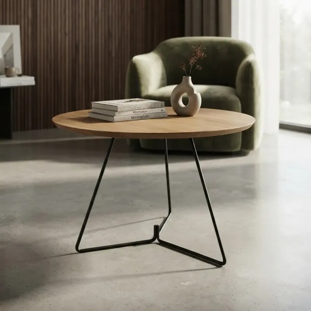MESA LATERAL REDONDA - TAPA DE MADERA CLARA Y PIE EN METAL GRAFITO 45cms 