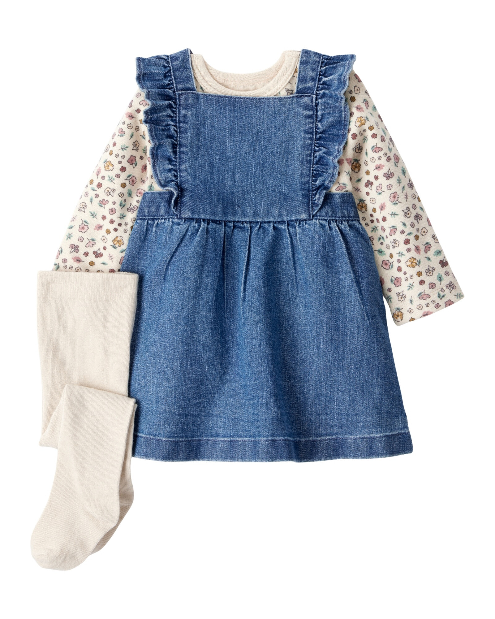 Set tres piezas, jumper jean, remera y medias de algodón Sin color