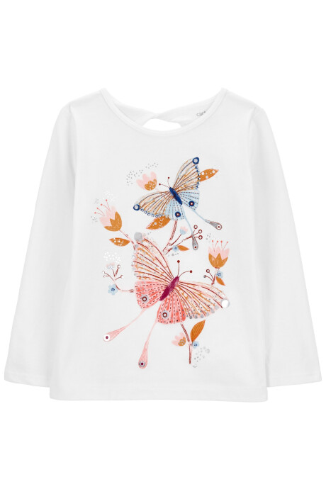 Remera de algodón, manga larga, estampa mariposas. Talles 3-24M Sin color