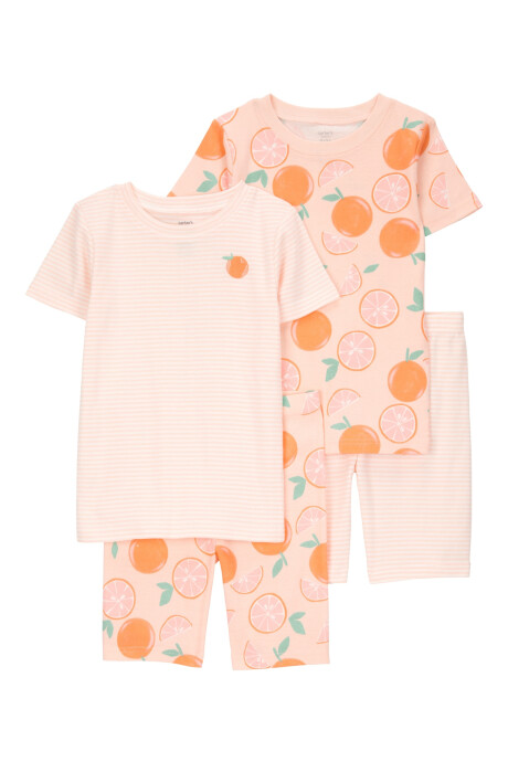 Pijama cuatro piezas de algodón, dos pantalones y dos remeras, diseño naranjas Sin color