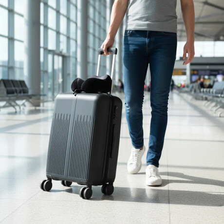 Set Valija Grande Rigida + Almohadón Cervical Memoria Negro Gris Oscuro