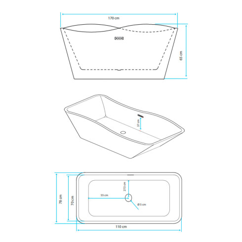 Bañera Simple Autoportante 170X78X65 De Acrilico Blanco Brillo - Incluye Desague 000