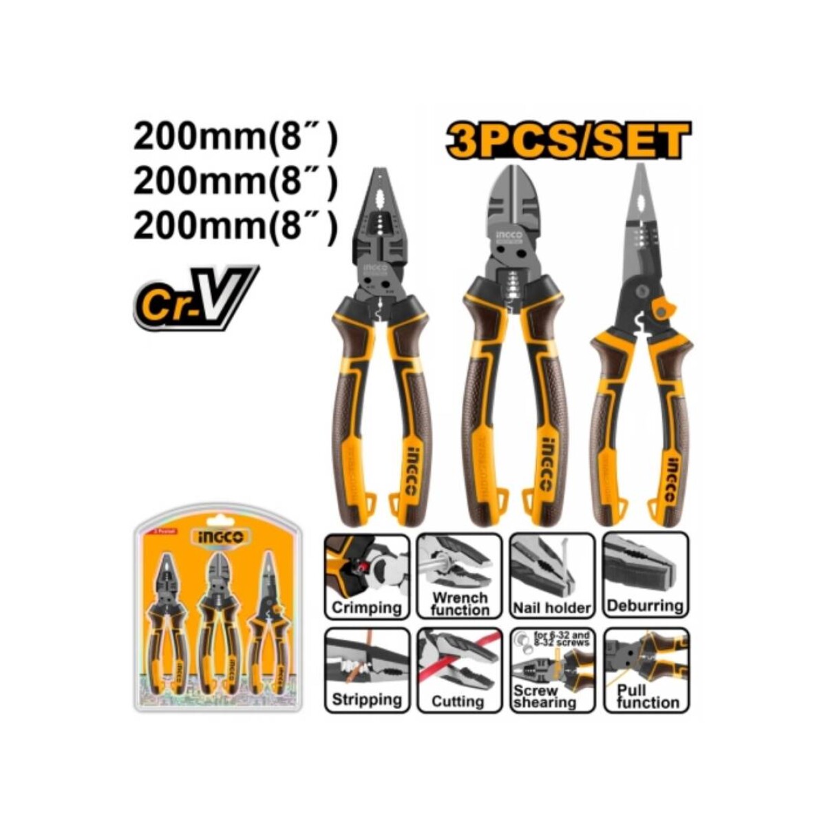 Set Pinzas Alicates INGCO HKMPS2831 Manual 8 Pulgadas - X3 