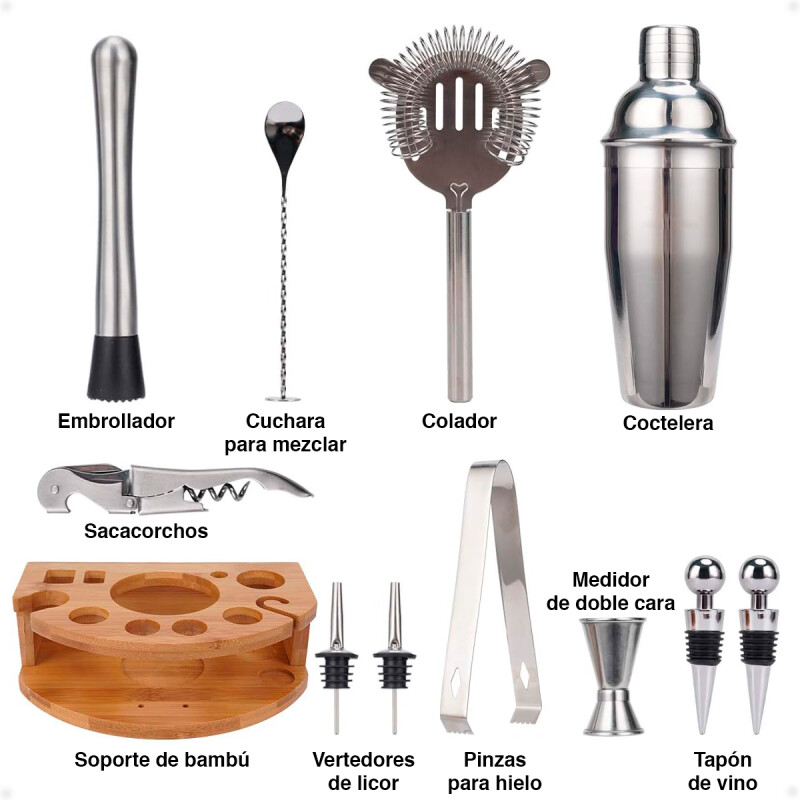 Kit de Coctelería Para Barman Coctelera de 500ml con 12 Piezas de Acero Inoxidable Más Base Kit de Coctelería Para Barman Coctelera de 500ml con 12 Piezas de Acero Inoxidable Más Base