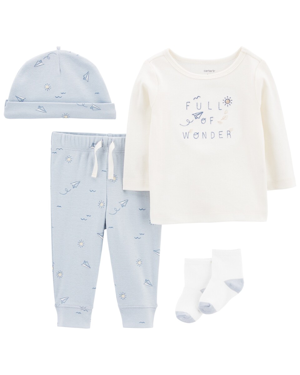 Set cuatro piezas de algodón, pantalón, remera, gorro y medias 