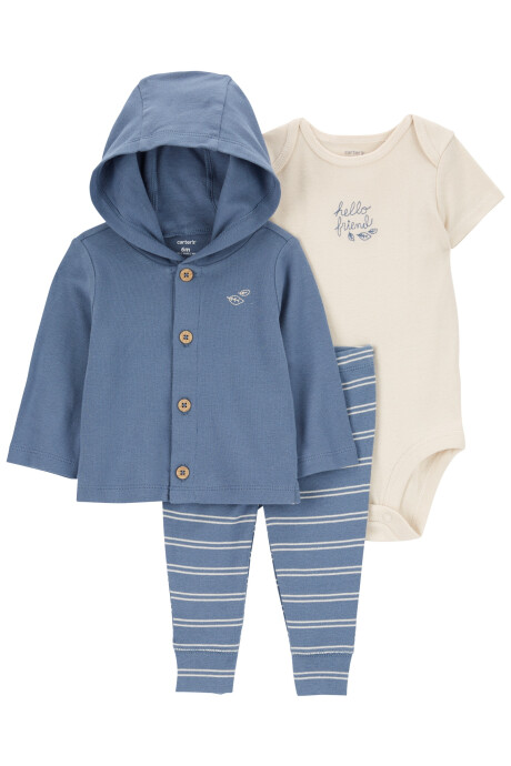 Set tres piezas de algodón, pantalón, saco con capucha y body Set tres piezas de algodón, pantalón, saco con capucha y body
