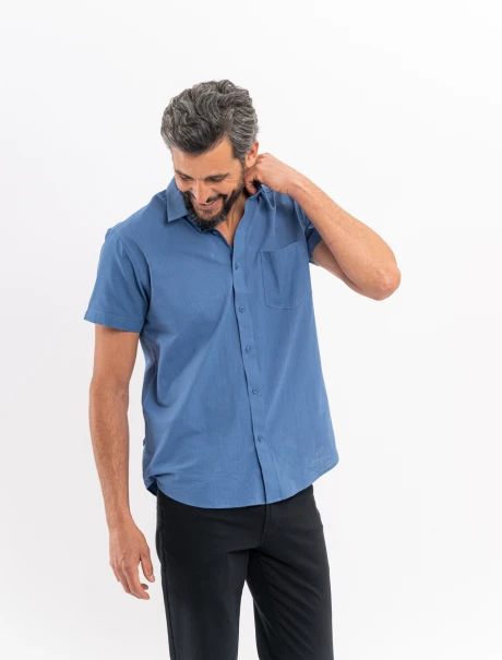 Camisa m/c lisa efecto lino azul