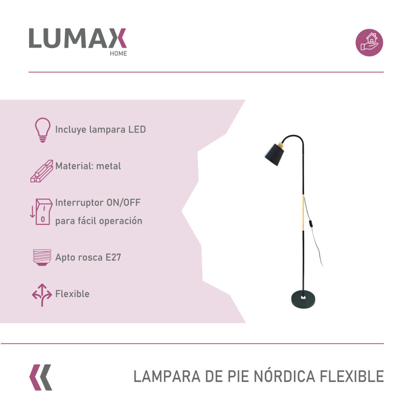 Lámpara De Pie Lumax Nórdica Flexible 1.5 M Negro