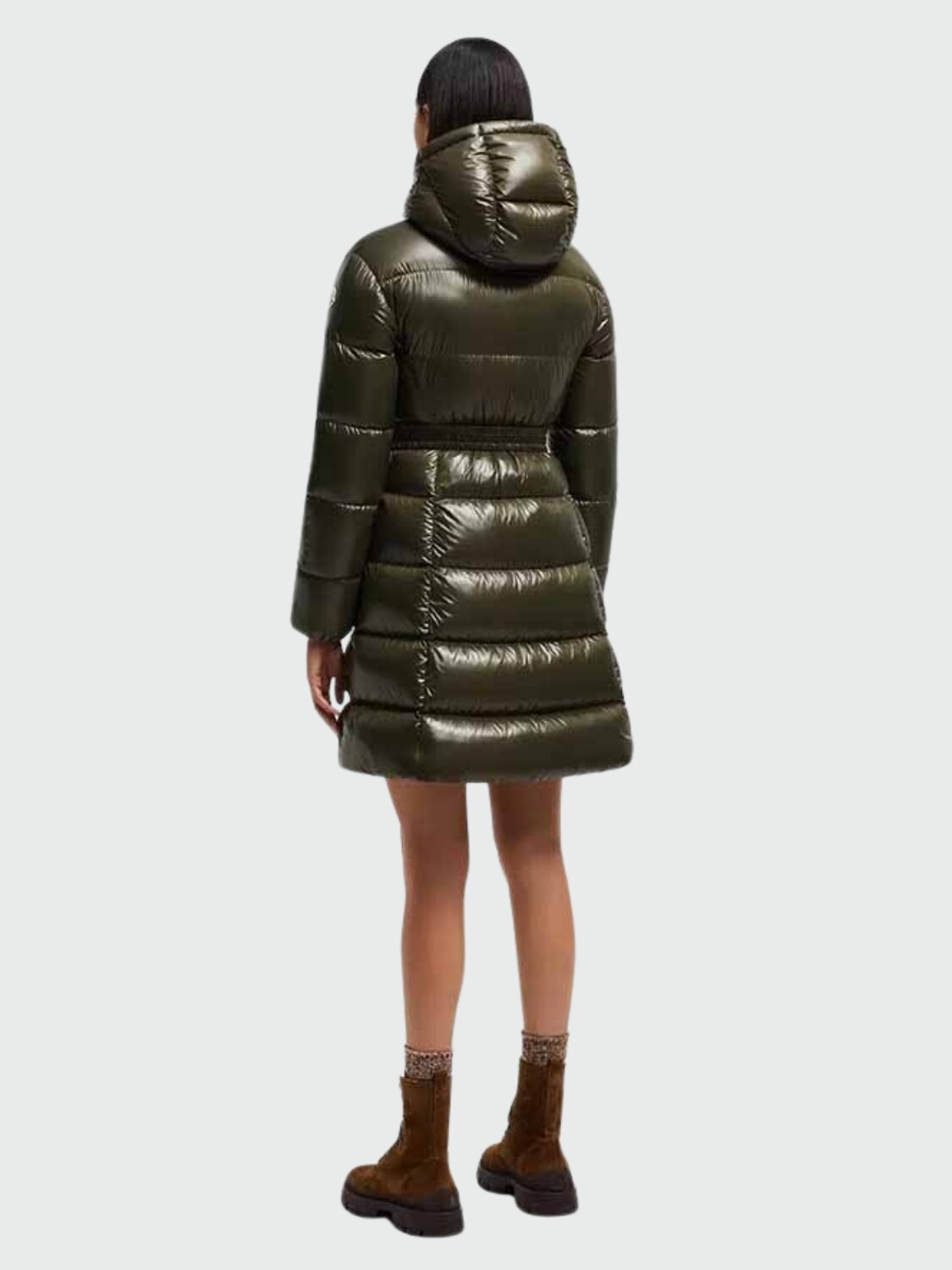 Moncler - Campera larga rellena de plumas con cinto ajustable, Bellevue Verde