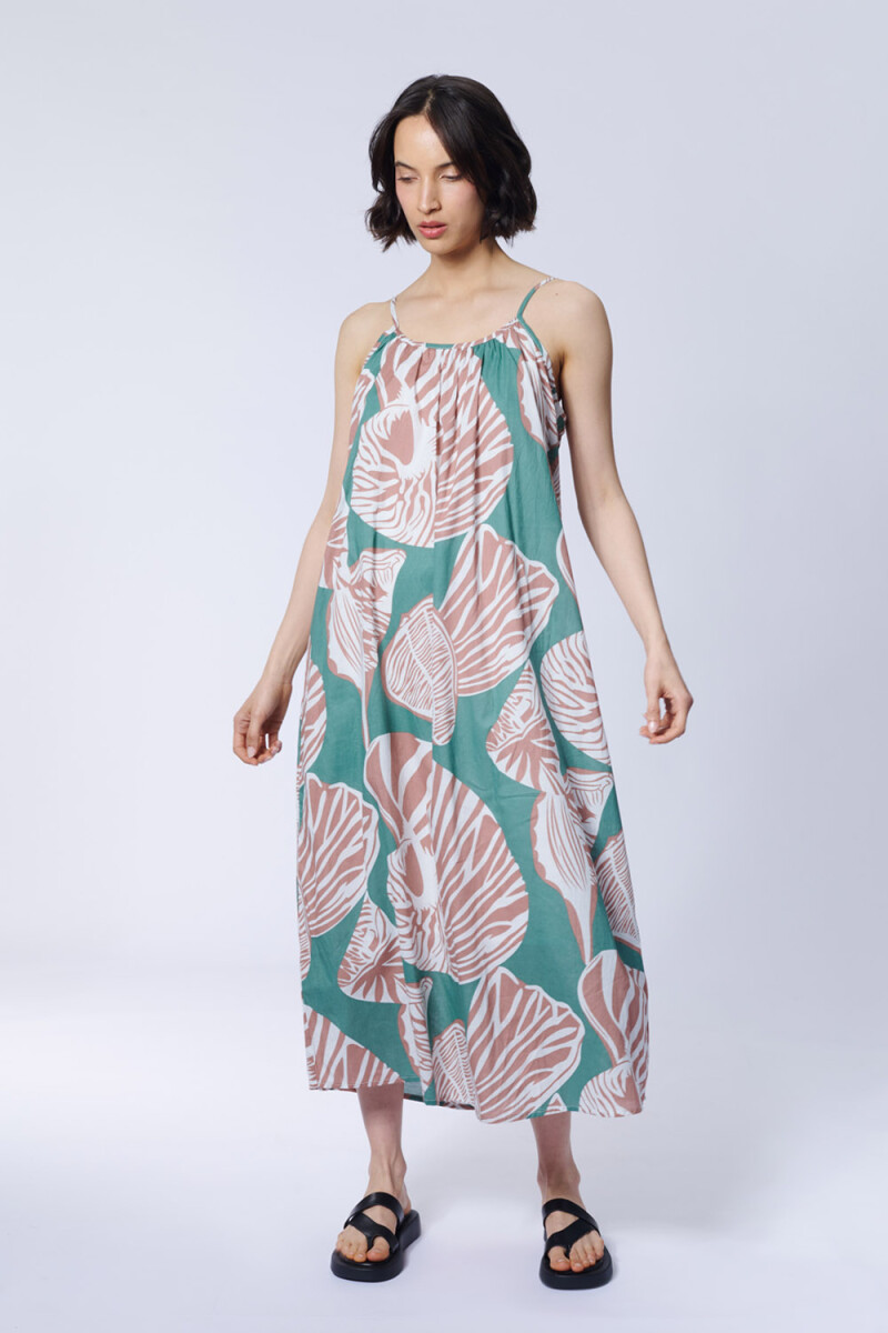 Vestido algodón estampa Hojas Verde