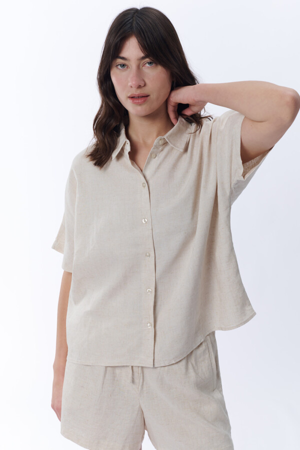 Camisa manga corta con lino Beige