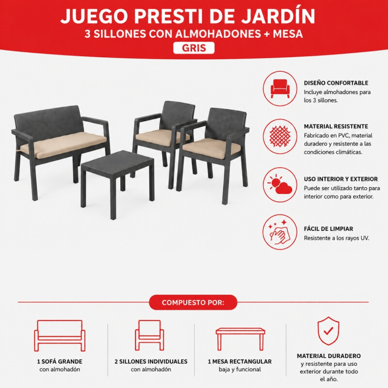 Juego Prestij de jardín 3 sillones con almohadones + Mesa 39x59 GRIS