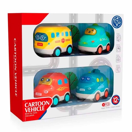 Set 4 Autitos Dibujo Animado Auto Luz Sonido Bebé Huanger Multicolor