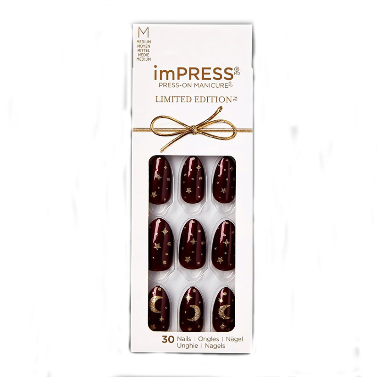 Uñas postizas autoadhesivas Impress - Bordó con diseño dorado talle M 