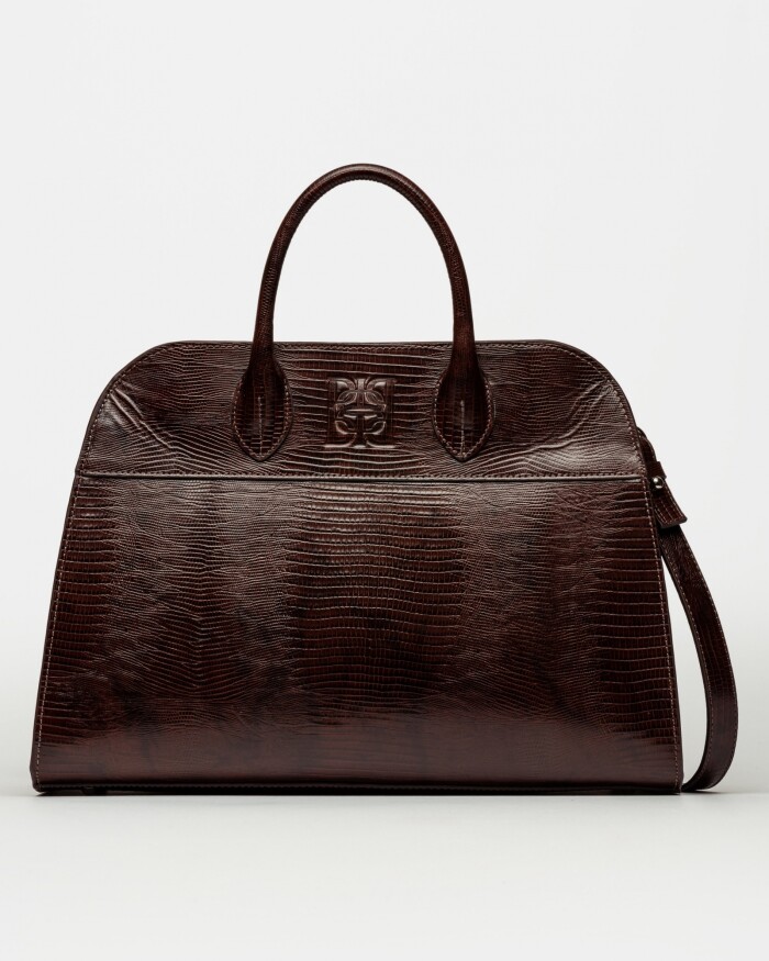 Cartera de Mano The Roots En Cuero Grabado Lagarto Marron