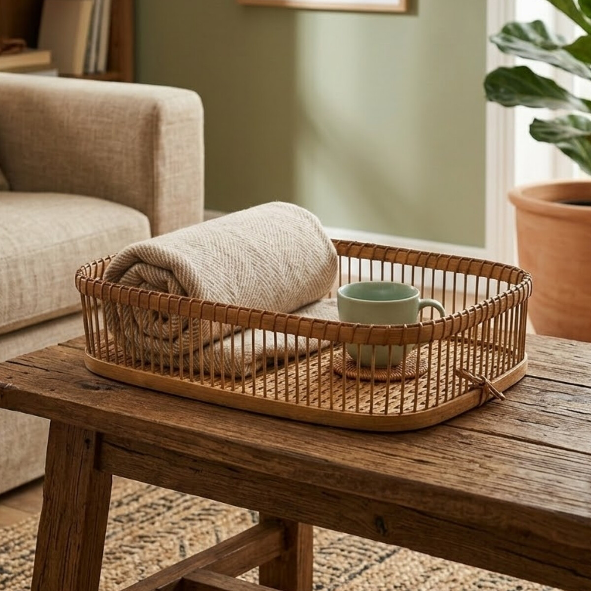 Bandeja cesto rectangular decorativo bambú 35x22x8 cm - NATURAL 