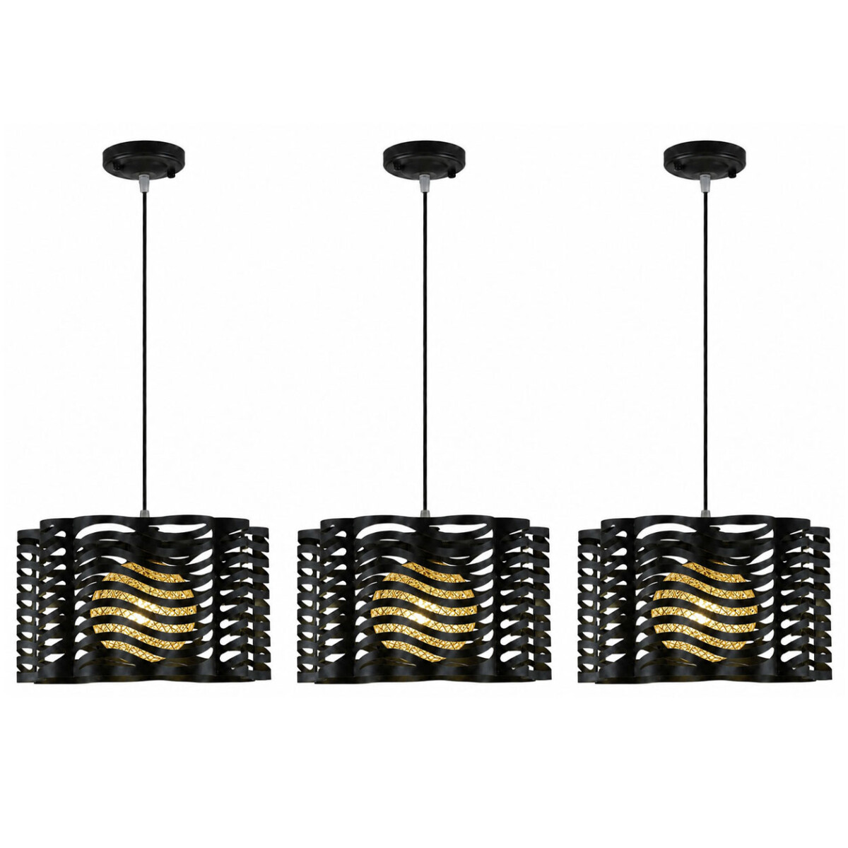Pack x3 Lámparas Colgantes Metal Y Cuerda E27 Diseño Moderno - Negro 