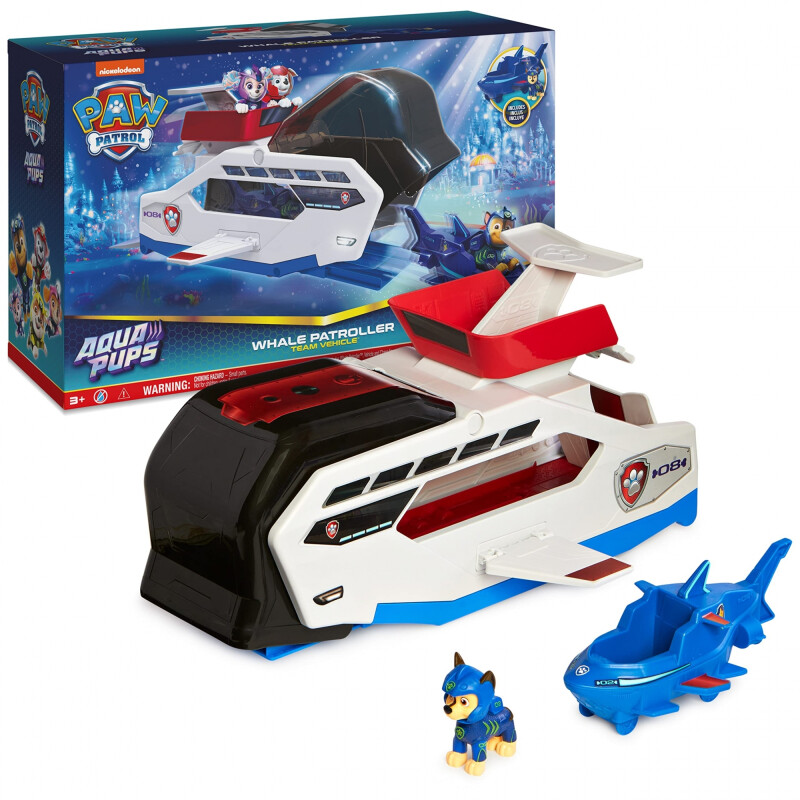 Paw Patrol Aqua Pups - Vehículo de equipo de patrullero de ballenas con figura de acción Chase Paw Patrol Aqua Pups - Vehículo de equipo de patrullero de ballenas con figura de acción Chase