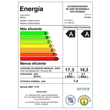 AIRE ACONDICIONADO BLANCO 9000 BTU FUT-IN09-A