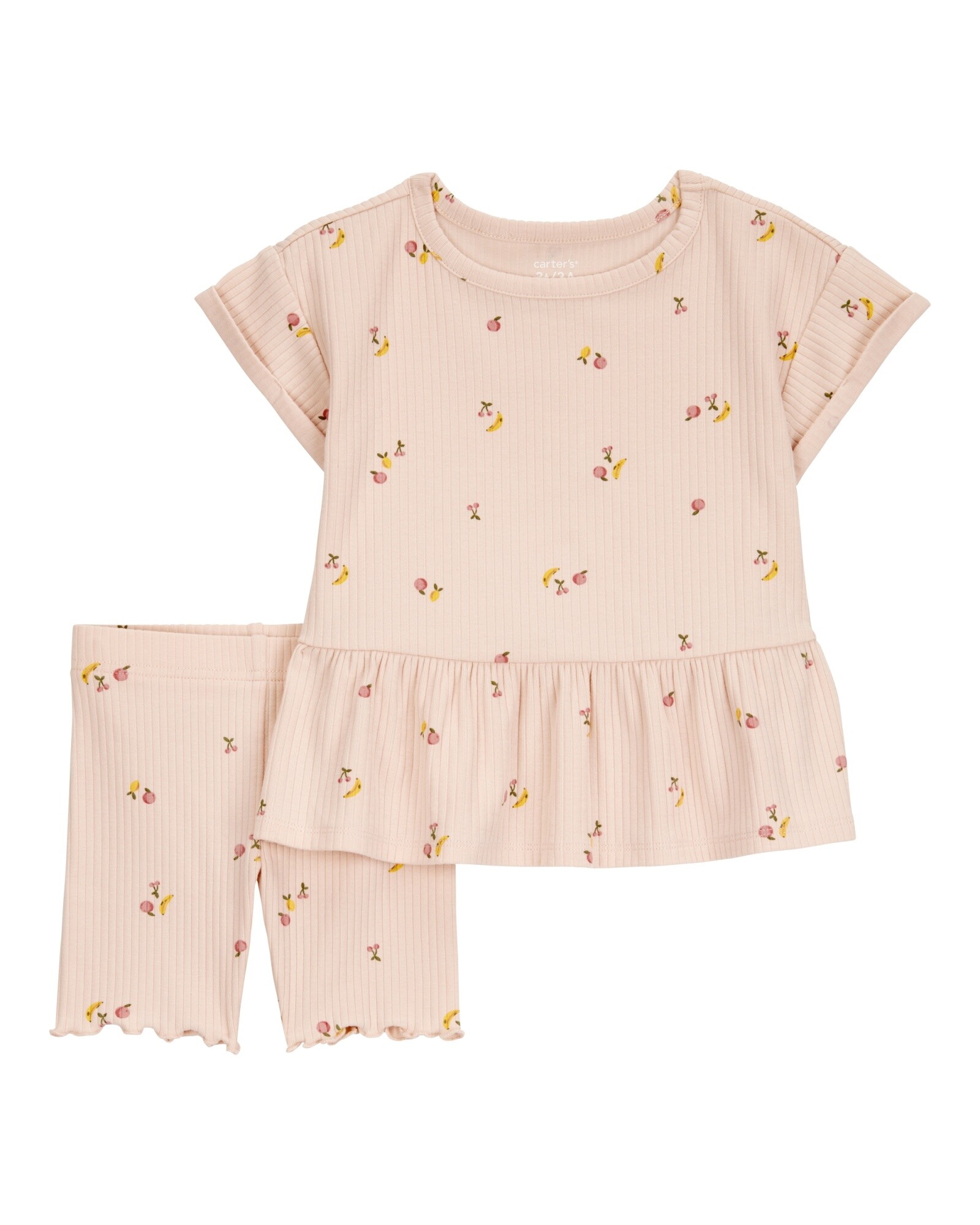 Set dos piezas de algodón acanalado, short y blusa, diseño frutas Sin color