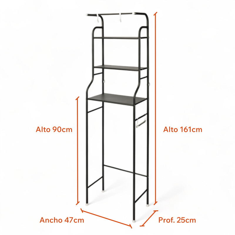 Mueble Metal Organizador Rack Sobre Inodoro tres estantes Negro