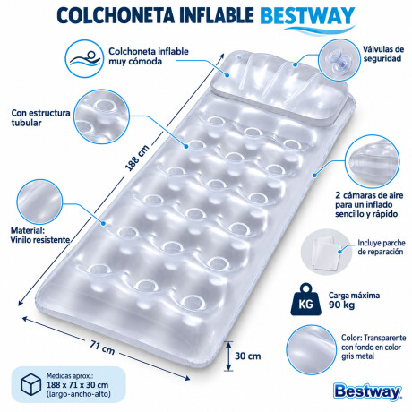 Colchoneta Inflable Flotador con Almohada p/ Piscina Bestway Transparente