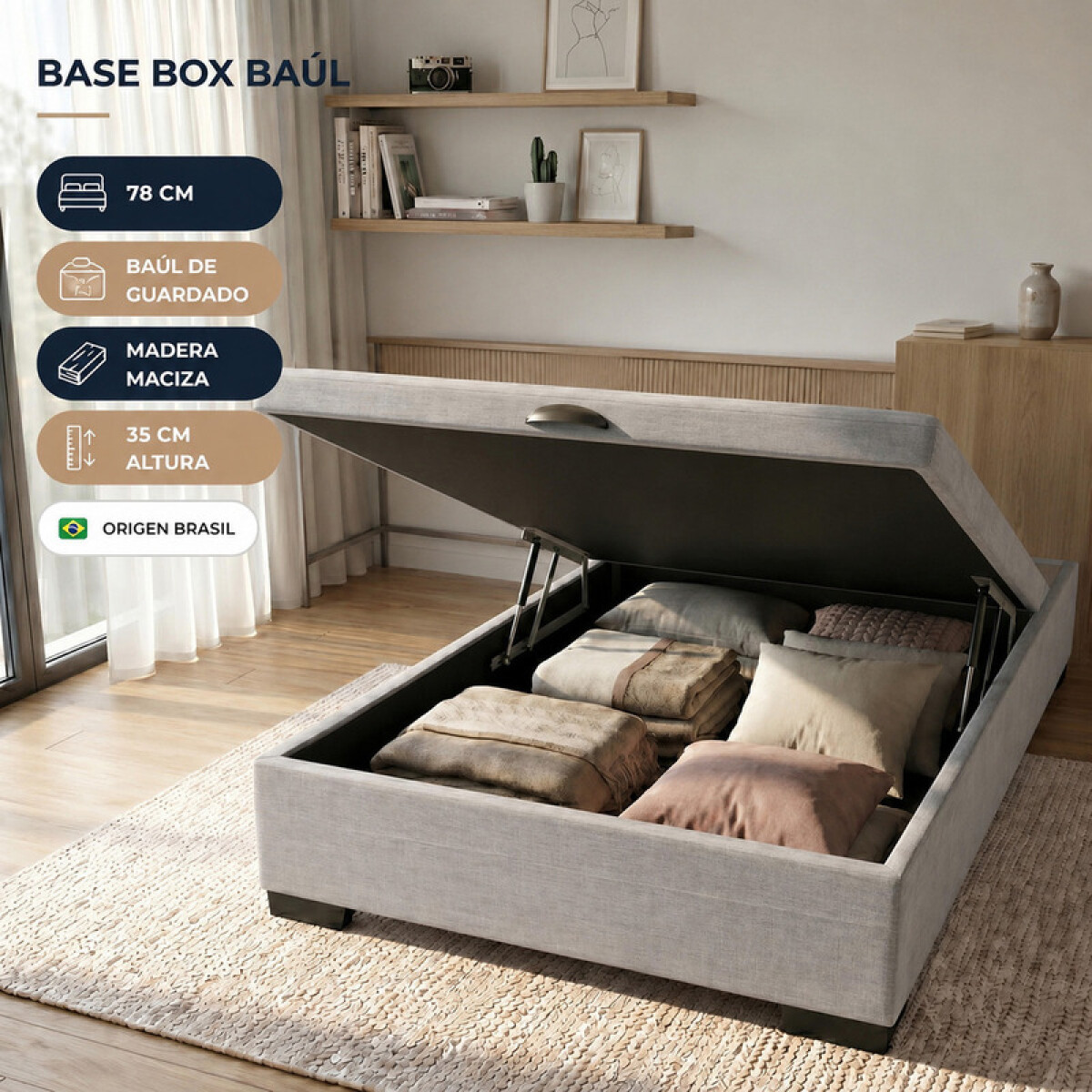 Base para Sommier Colchón Baul 1 Plaza - 78 x 188 x 35 cm - Estructura Madera Maciza - Gris 