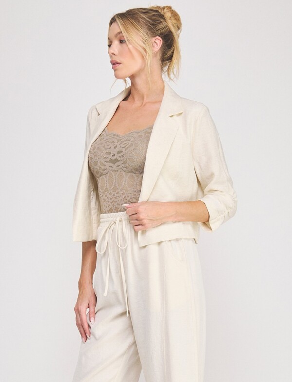 Blazer Crop De Lino Abierto Con Manga Fruncida BEIGE CLARO