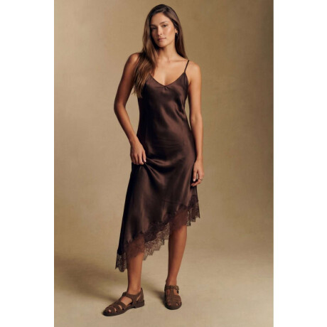 Vestido Midi Satinado Con Encaje Chocolate