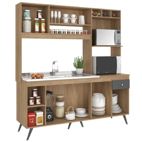 Kit de cocina compacta 7 puertas 1 cajón S/Pileta 182x29x52x197cm Carvale / Grafito