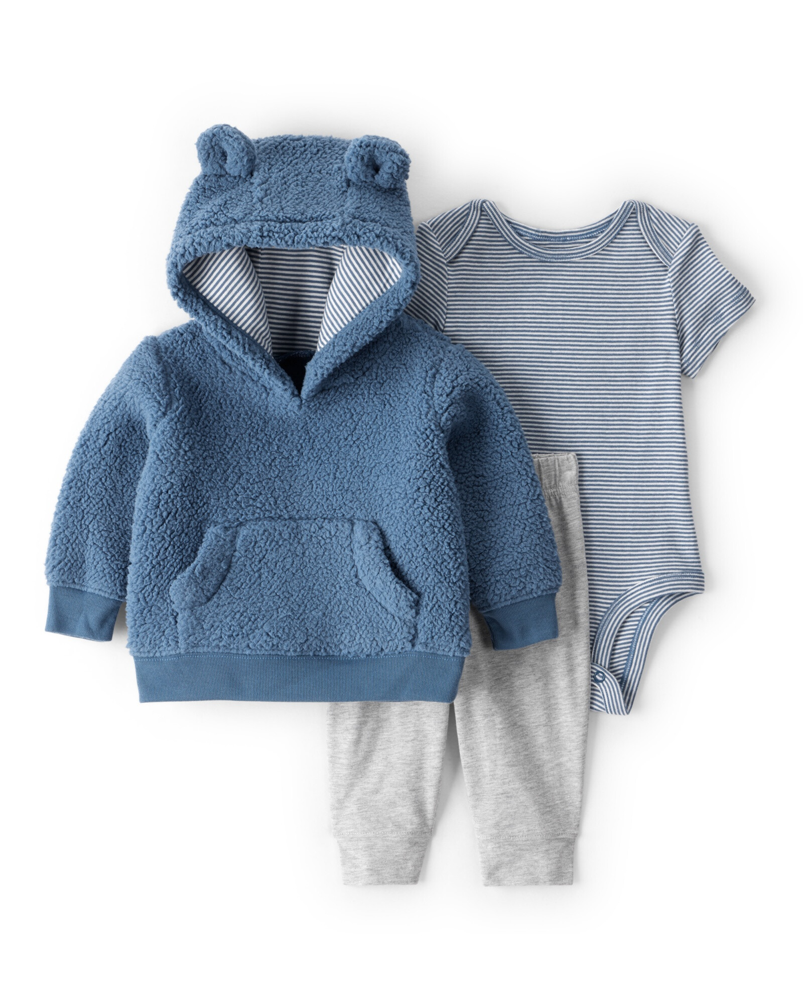 Set tres piezas, pantalón y body de algodón, con canguro de sherpa, diseño oso Sin color