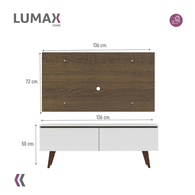 Rack TV mueble Lumax + panel rústico con estantes 55” Blanco/Marron