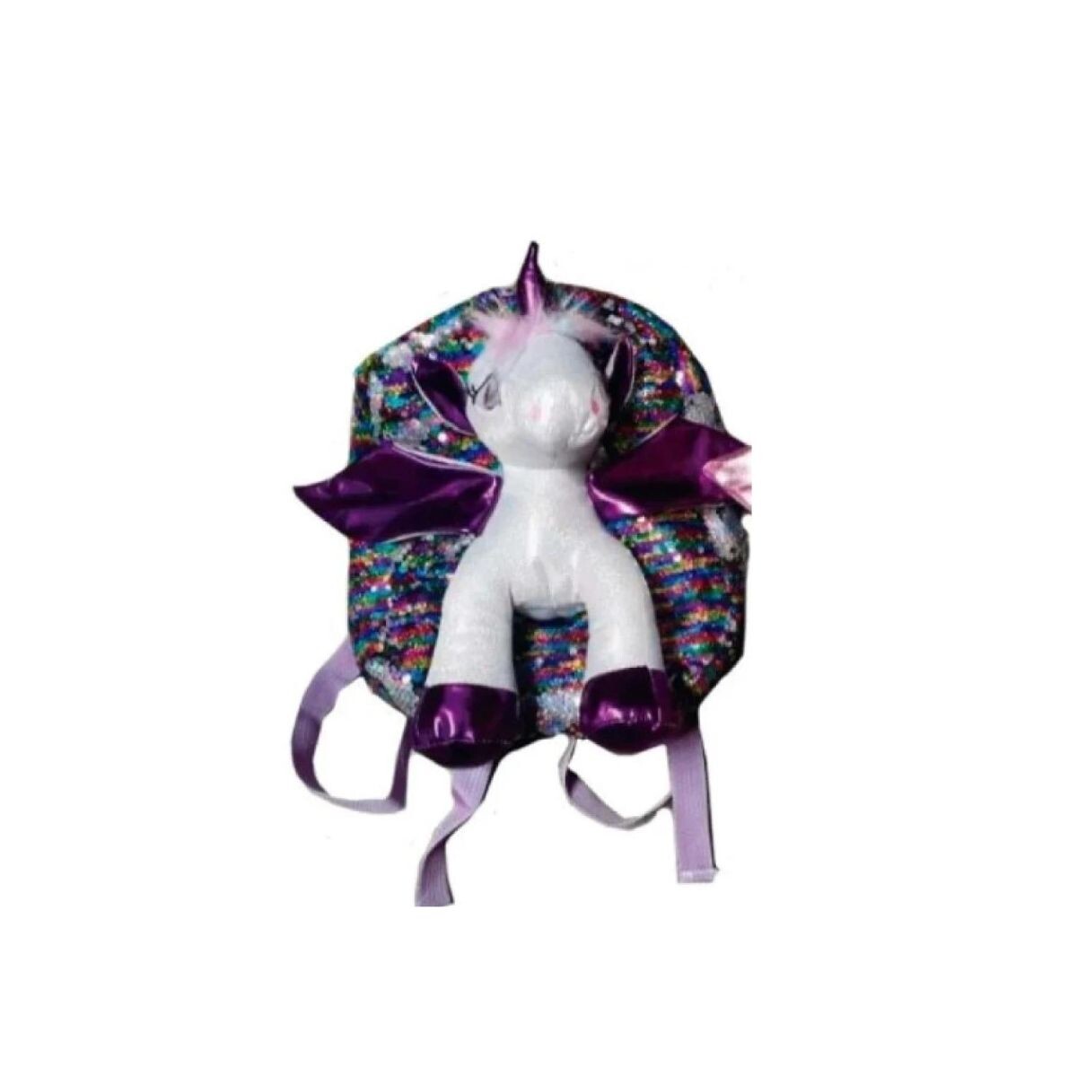 Mochila Infantil Con Peluche Unicornio Alas Brillantes - Color Violeta 