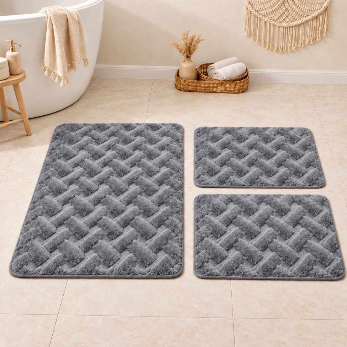 Juego de 3 Alfombras con Diseño Trenzado en Relieve - Gris 