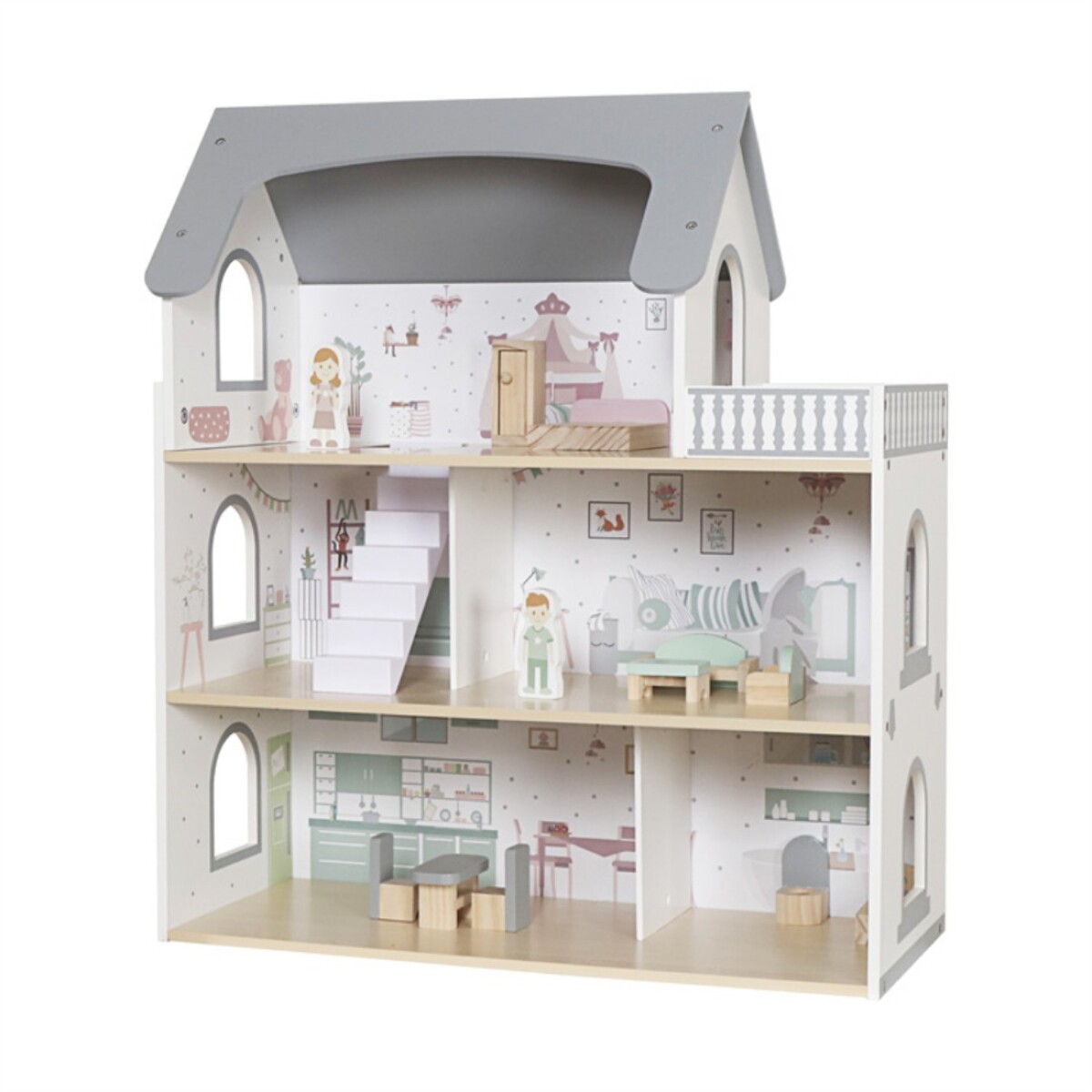 Casita de muñecas de madera con balcón W06A587 