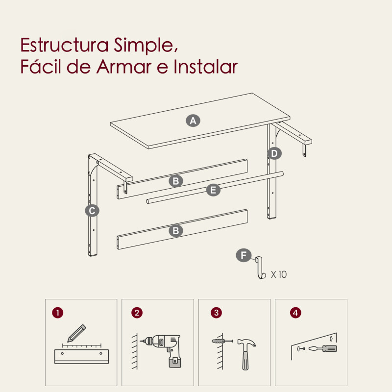 SONGMICS Perchero de Pared con Estante y 10 Ganchos Extraíbles – Para Entrada, Dormitorio o Baño Sin Color
