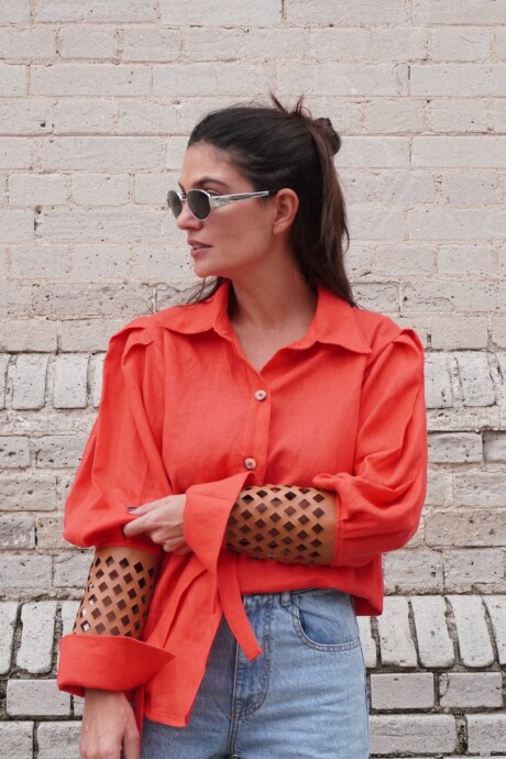 Camisa Puño Lino Coral Con Camel