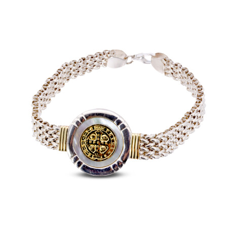Pulsera religiosa de plata 925, double en oro 18 ktes y nácar, SAN BENITO. Pulsera religiosa de plata 925, double en oro 18 ktes y nácar, SAN BENITO.
